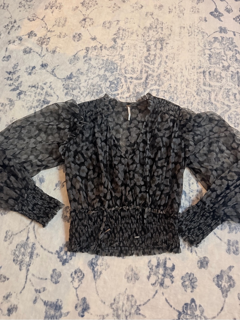 Free People Black and Gray Smocked Waist Sheer Blouse